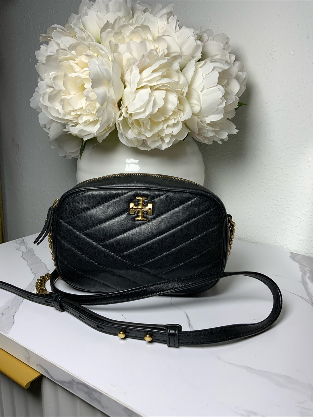 Tory Burch Black Quilted Leather Camera Crossbody with Gold Hardware
